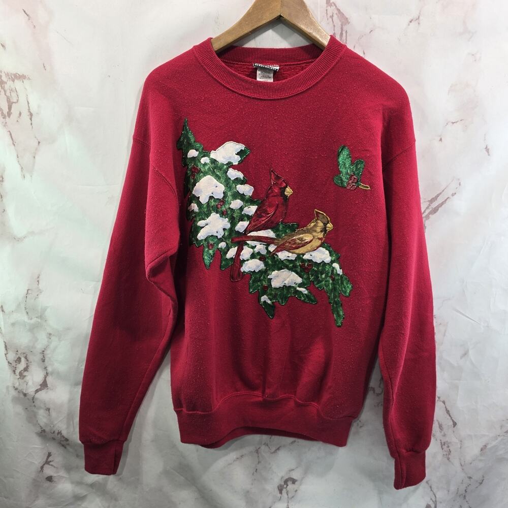 Vintage Christmas Sweatshirt Womens Large 90s Holiday Crewneck Holly Cardinal